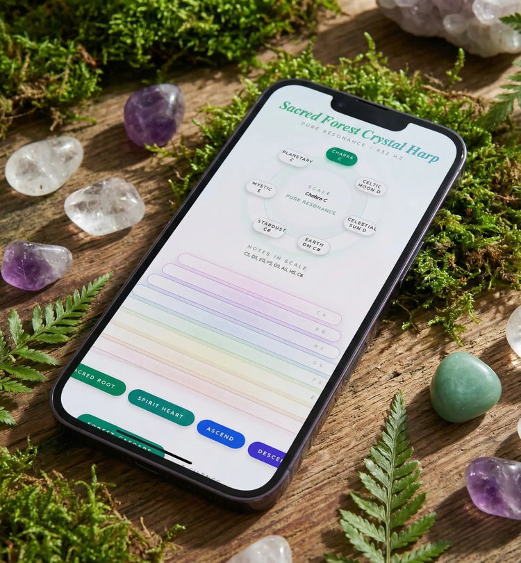 iPhone showing the Sacred Forest Crystal Harp app on a wooden table surrounded by amethyst and green aventurine crystals and fern leaves