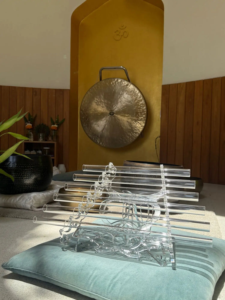 Crystal Harp quartz tubes extreme close-up showing light refractions