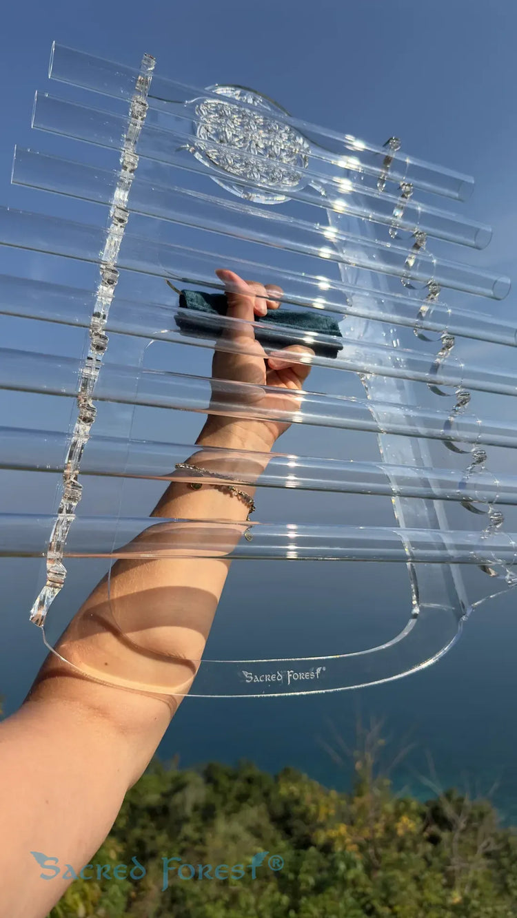 
                    
                      Celtic Moon D Sacred Forest Crystal Harp in natural setting with blue sky background
                    
                  