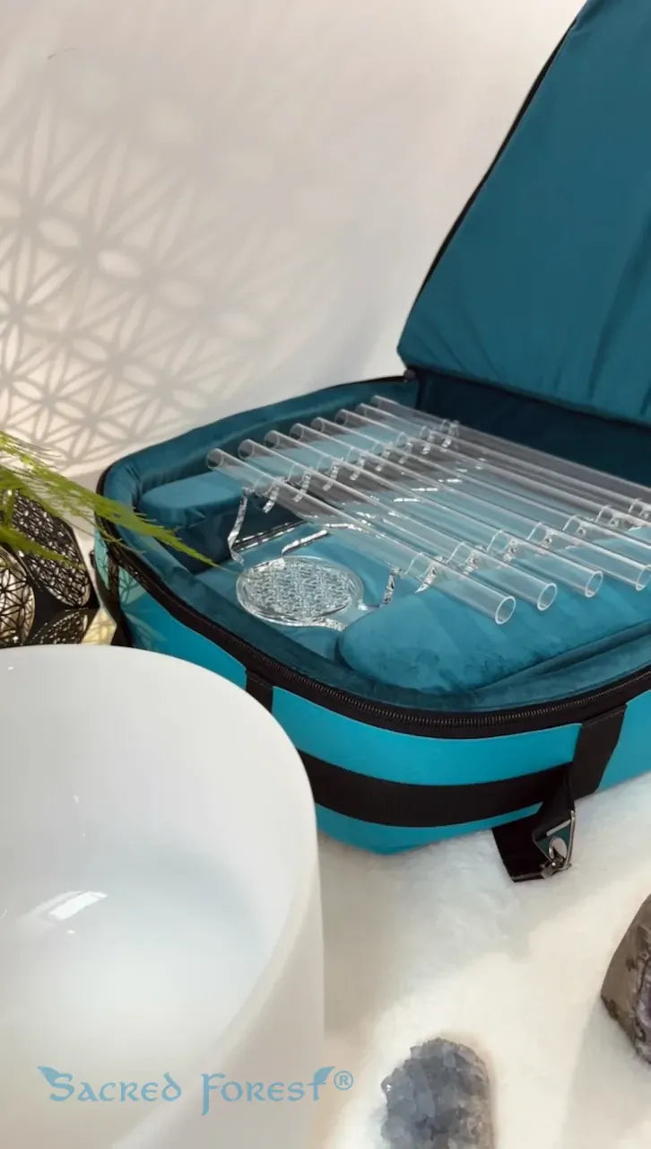 
                    
                      Sacred Forest Chakra C Quartz Crystal Harp in turquoise velvet protective backpack with crystal singing bowl and celestine crystal decoration for sound healing and sacred geometry flower of life lamp
                    
                  