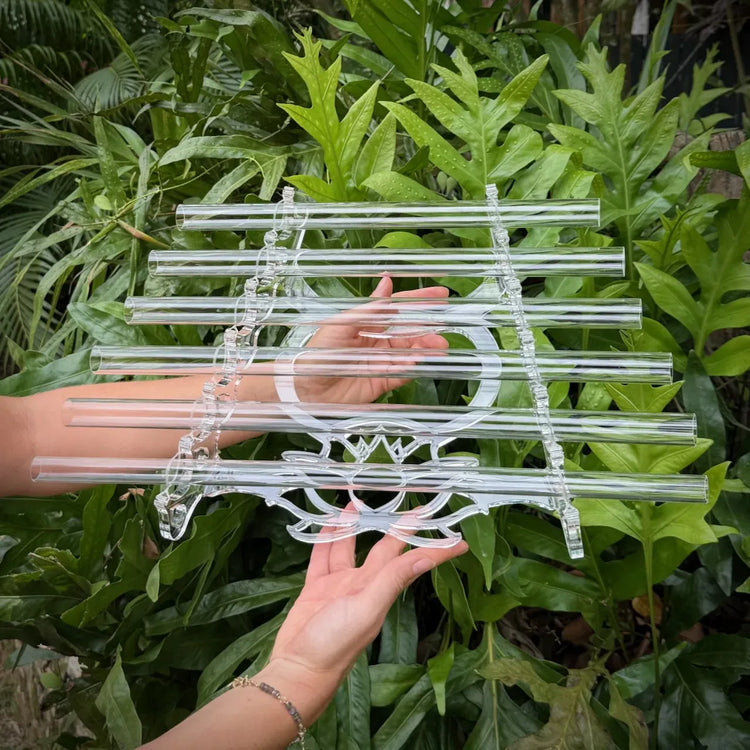 
                    
                      Lotus C# Sacred Forest Crystal Harp 432 hz held in hands in lush green tropical garden for outdoor sound healing
                    
                  