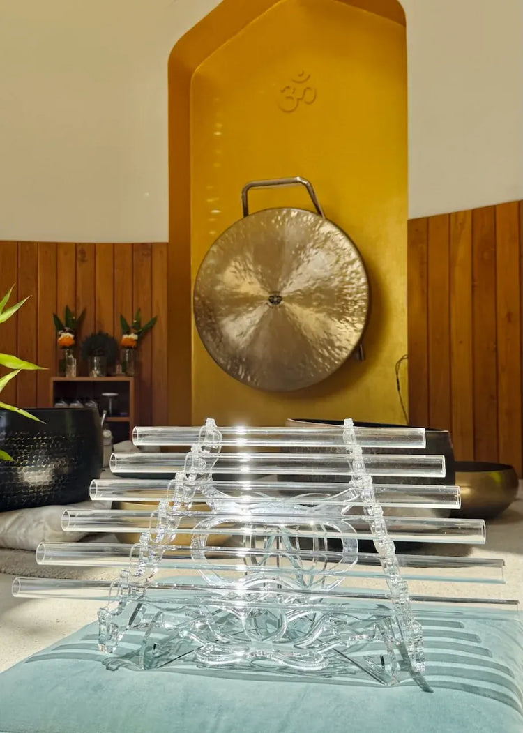 
                    
                      Lotus C# Sacred Forest Crystal Harp 432 hz on elegant stand in meditation room with golden gong and singing bowls
                    
                  