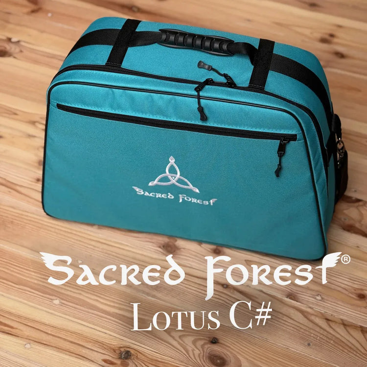 
                    
                      Turquoise Sacred Forest protective carry bag for Lotus C# Crystal Harp, durable travel case for sound healers, on wooden background
                    
                  