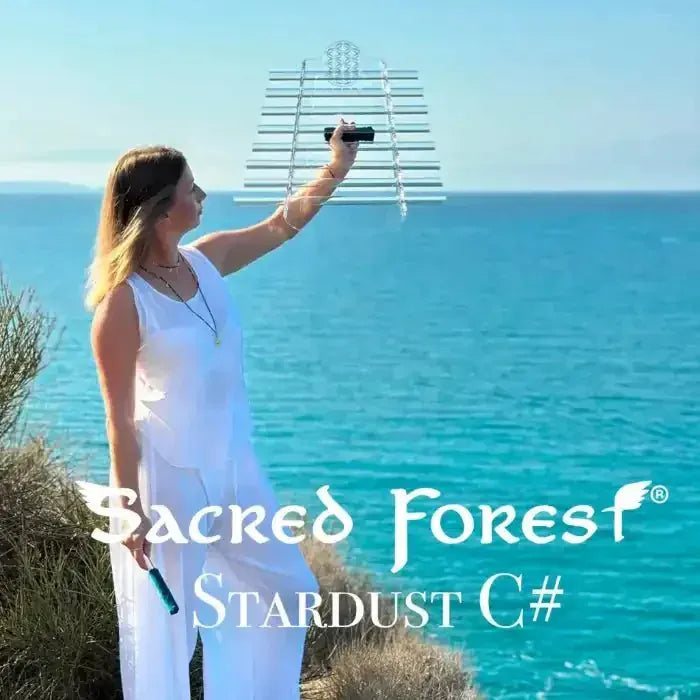Sacred Forest Stardust C# crystal harp held above turquoise sea at a cliff edge