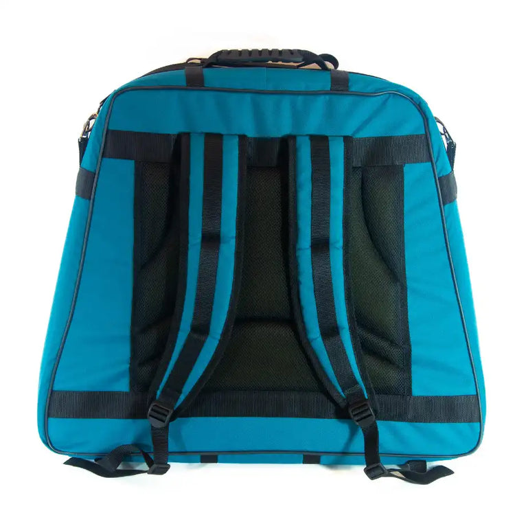 Technical rear view illustration of the Sacred Forest Crystal Harp travel backpack showing padded straps and compartments