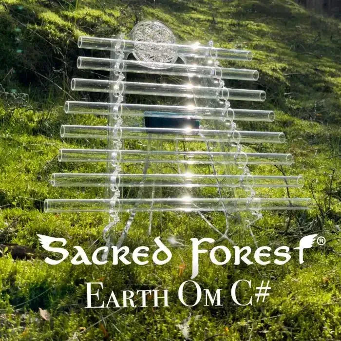 Sacred Forest Earth Om C# crystal harp standing on a mossy forest slope