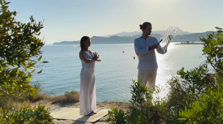 
                    
                      Stardust C# Sacred Forest Crystal Harp sound healing yoga session on beach at sunset
                    
                  