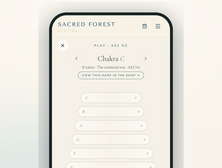 Sacred Forest Digital app: playing the Chakra C crystal harp scale at 432 Hz on a phone
